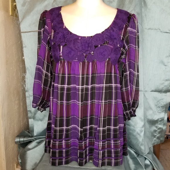 Purple Tartan Rose Chiffon Pleat Blouse - Picture 1 of 5